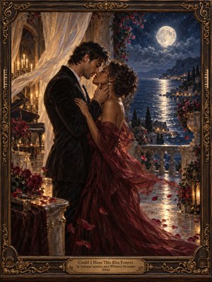 A romantic oil painting captures a couple embracing beneath moonlight on an elegant seaside terrace. Flowing burgundy fabric, drifting rose petals, glowing candles, and billowing curtains create an intimate atmosphere. Silver reflections illuminate distant coastal villages beneath a starry sky. Ornate gold musical carvings frame the richly detailed scene.