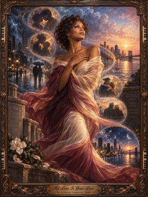 A graceful woman in flowing ivory and burgundy stands against a luminous city skyline, surrounded by glowing memories of enduring love. Stormy blues transition into golden sunset hues, while swirling ribbons connect tender moments across time. Rich oil painting textures, romantic lighting, and an ornate bronze musical frame create timeless elegance.