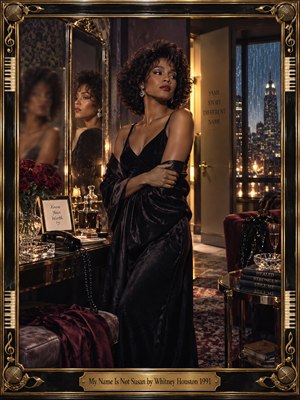 A poised woman in a black satin gown stands beside layered mirrors in a luxurious nighttime suite, her blurred reflection suggesting fractured trust. Burgundy roses, a vintage telephone, and rain-streaked city windows deepen the tension. Warm golden light meets cool blue shadows in this cinematic portrait, enclosed by an ornate musical frame.
