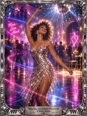 A radiant dancer in a shimmering silver dress moves beneath a glittering disco ball in a glamorous 1980s nightclub. Pink and blue light trails sweep across the reflective floor as blurred partygoers mingle behind her. Neon hearts, golden highlights, and an ornate chrome musical frame create a joyful, romantic cinematic atmosphere.