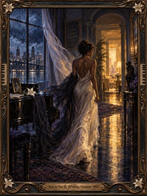 A solitary woman in a flowing ivory gown crosses a shadowy, elegant room toward a golden doorway. Rain streaks tall windows overlooking a blue city skyline, while a piano and white lilies suggest longing. Rich oil-painted textures, glossy reflections, and an ornate bronze frame heighten the romantic, hopeful atmosphere.