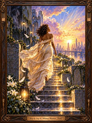 A woman in a flowing ivory gown ascends glowing stone steps toward a golden sunrise above a distant city. White lilies, drifting feathers, and warm lanterns soften the path. Violet clouds and amber reflections create a hopeful atmosphere. Rich painterly textures glow within an ornate bronze and wood musical frame.