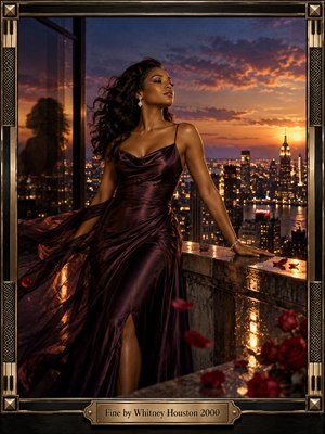 A glamorous woman in a flowing plum satin gown stands confidently above a glittering city skyline at sunset. Golden light illuminates dramatic purple clouds, windblown hair, and drifting rose petals. Reflections shimmer across the rooftop terrace. An ornate black and bronze musical frame completes this cinematic portrait of independence and elegance.