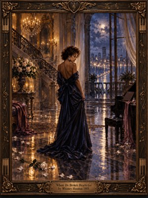 An elegant woman in a flowing midnight blue gown stands alone in a grand ballroom, contemplating a moonlit city skyline. Golden chandeliers illuminate marble floors scattered with white roses. Rich oil painting textures, romantic shadows, and an ornate musical frame evoke heartbreak, longing, and quiet hope beneath a dramatic evening sky.