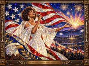 Whitney Houston sings triumphantly beneath a sweeping American flag in a luminous stained glass mosaic. Her flowing white gown glows against deep blues, vivid reds, and golden fireworks above a crowded stadium. A majestic eagle, radiant sunrise, and ornate bronze frame evoke patriotic pride, unity, and soaring emotion.
