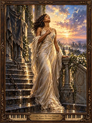 A serene woman in flowing ivory robes stands on rain-slick stone steps, her face lifted toward a golden sunrise. Ancient columns, broken chains, white blossoms, and distant towers surround her beneath lavender clouds and soaring birds. Richly textured oil painting and an ornate bronze piano-key frame convey renewal, dignity, and hard-won strength.