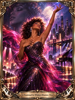 A glamorous singer in a shimmering dark gown reaches skyward beneath a glowing moon, surrounded by swirling magenta ribbons and sparkling city lights. A ghostly portrait floats above a nighttime skyline, while violet mist and golden reflections heighten the passionate mood. Ornate musical metalwork frames this cinematic digital painting.