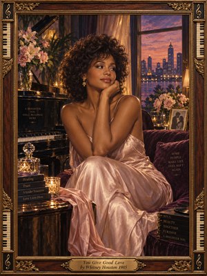 An elegant woman in a flowing blush satin gown sits thoughtfully beside a grand piano in a candlelit room. Pink roses and gleaming glass catch golden light, while a violet sunset silhouettes the distant city. Rich plum furnishings and an ornate, piano-key-trimmed wooden frame give this romantic oil painting nostalgic warmth.