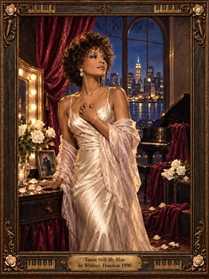 An elegant woman in a flowing ivory gown stands thoughtfully beside a glowing vanity, white roses, and a grand piano. Burgundy curtains frame a glittering midnight skyline, while golden light illuminates her serene expression. Rich oil-painted textures and an ornate musical frame evoke enduring love, longing, devotion, and quiet strength.