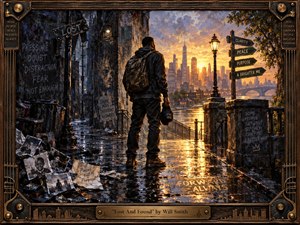 A solitary traveler stands on a rain-slicked urban walkway, facing a glowing skyline at sunset. Dark, weathered walls and scattered photographs contrast with warm amber light reflected across wet pavement. Rich painterly textures, deep blues, bronze tones, vintage streetlamps, directional signs, and an ornate musical frame create a reflective, searching mood.