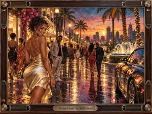 A glamorous woman in a shimmering gold dress turns toward the viewer along a lively palm-lined promenade at sunset. Warm amber lights reflect across rain-slick pavement, while fountains, luxury cars, elegant crowds, and a glowing skyline create a playful, confident nightlife mood. Rich painterly textures and a dark wood-and-metal frame enhance the handcrafted feel.