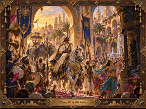 A regal prince rides a richly adorned white horse through a radiant palace city, surrounded by musicians, dancers, banners, elephants, fountains, and cheering crowds. Golden sunset light illuminates jewel-toned blues, turquoise, crimson, and brass details. Textured painterly brushwork, drifting petals, deep shadows, and an ornate jeweled frame create theatrical grandeur and mystery.