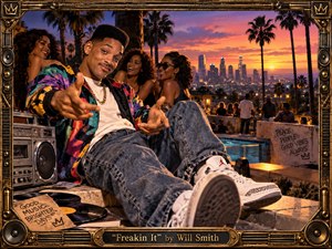 A colorful 1990s hip-hop rooftop party unfolds above Los Angeles at sunset, centered on a charismatic performer in a vivid patterned jacket, relaxed among friends beside a vintage boombox and scattered records. Warm orange, pink, and purple light illuminate palm trees, skyscrapers, and a glowing pool, while ornate bronze framing and engraved detailing reinforce the nostalgic poster-like aesthetic.