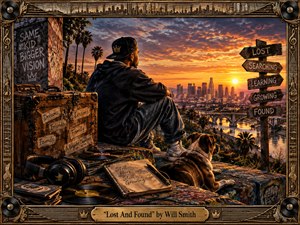 A reflective figure sits beside a loyal dog overlooking a glowing city at sunset, surrounded by records, headphones, a weathered journal, and a travel trunk of memories. Rich orange, gold, violet, and deep blue tones create a nostalgic mood. The handcrafted cinematic painting features ornate musical framing, dramatic depth, and symbolic signposts.