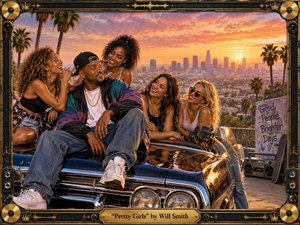 A lively sunset portrait captures a stylish young man surrounded by smiling women atop a gleaming vintage convertible overlooking Los Angeles. Warm orange, pink, and gold light creates a celebratory atmosphere, while palm trees, skyline, boombox, and graffiti add nostalgic urban character. Richly rendered details, reflections, and an ornate musical frame complete the cinematic artwork.