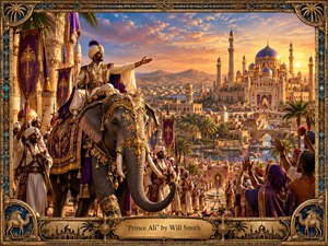 A lavish royal procession fills a sunlit palace city, led by a richly adorned prince seated atop a decorated elephant. Golden domes, minarets, palm trees, banners, and cheering crowds create a jubilant atmosphere. Warm sunset light illuminates purple, gold, turquoise, and ivory tones, while ornate mosaic framing and a bronze title plate add handcrafted grandeur.