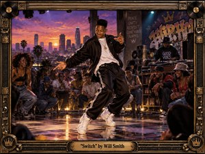 A vibrant 1990s-inspired hip-hop rooftop scene shows a central dancer performing before an enthusiastic crowd, with a DJ, turntables, speakers, graffiti, and a glowing city skyline behind him. Purple, orange, and gold sunset light creates energetic reflections on the floor. Richly textured painted details, ornate metallic framing, vinyl records, and crowns reinforce the celebratory atmosphere.