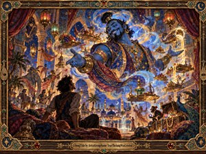 A jubilant blue genie dominates a lavish moonlit palace, surrounded by floating trays, glowing lanterns, cascading golden light, musicians, exotic animals, and jeweled treasures. Rich blues, golds, reds, and turquoise create theatrical warmth, while intricate ornamental detail, swirling magic, and a carved metallic frame give the scene exuberant storybook grandeur.