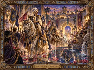 A regal rider in blue and gold leads a radiant palace procession through a lantern-lit Arabian city at dusk, surrounded by banners, musicians, rose petals, and cheering crowds. Warm golds, deep blues, and violet skies glow across reflective fountains and ornate architecture, while the richly painted frame enhances the artworks theatrical, celebratory grandeur.