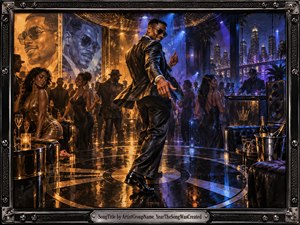 A sharply dressed dancer commands a luxurious nighttime club, surrounded by stylish guests, glowing tables, a DJ, and sweeping city views. Warm gold and amber light contrasts with electric blue and violet tones, reflecting across a glossy circular floor. Painterly realism, metallic textures, and an ornate black frame create confident, celebratory energy.