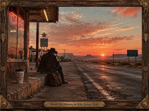A solitary cowboy rests beside a weathered roadside cafe as a long desert highway leads toward a fiery sunrise. Warm orange, rose, brown, and turquoise tones create a reflective, road-worn mood. Cinematic analog photography, soft grain, wet pavement reflections, distant mesas, neon light, and a carved western frame deepen the nostalgic atmosphere.