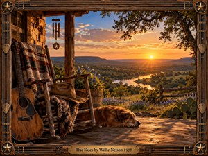 A weathered porch overlooks a broad Texas valley at sunset, with an old acoustic guitar, rocking chair, cowboy hat, resting dog, blue wildflowers, and winding river creating a peaceful, nostalgic mood. Warm amber light, deep blue sky, rustic textures, and a carved Western frame give the scene a cinematic, painterly Americana character.