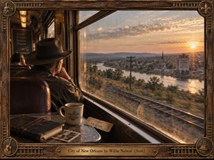 A reflective traveler sits beside a vintage train window, watching a small riverside town drift past beneath a glowing sunset. Warm amber light, muted earth tones, soft film grain, and motion blur create a nostalgic photographic mood. Weathered wood, brass rail details, a coffee cup, ticket, and engraved frame deepen the sense of memory and travel.