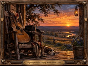 A weathered guitar, cowboy hat, resting hound, and glowing lantern overlook a peaceful Texas valley at sunset. Golden light washes across bluebonnets, fences, distant mesas, and a winding river, creating a reflective, forgiving mood. Detailed traditional painting textures and an ornate rustic frame reinforce timeless country warmth.