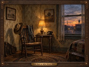 A richly textured oil painting shows an empty, weathered country room at dusk, with a wooden chair, cowboy hat, rotary telephone, glowing lamp, and distant town visible through the window. Warm amber light contrasts with cool blue evening tones, creating a reflective, lonely mood framed by carved wood and brass details.