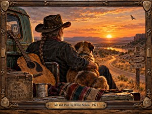 A weathered traveler and loyal dog rest beside an old pickup, overlooking a winding desert highway at sunset. Warm orange light washes across mesas, river, guitar, blankets, and road-worn gear, creating a reflective, nostalgic mood. Detailed painterly realism and an ornate western frame emphasize friendship, freedom, and long journeys.