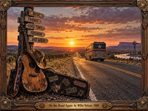 A weathered tour bus rolls along a sunlit highway through open Western country, framed by a battered guitar, cowboy hat, signposts, windmill, and distant mesas. Warm orange sunset light, long shadows, rustic textures, and cinematic realism create a nostalgic, freedom-filled mood of travel, music, companionship, and endless possibility.