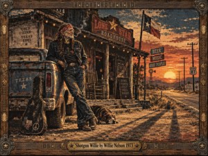 A weathered outlaw country musician leans against a battered pickup outside a roadside Texas roadhouse at sunset. Warm orange light, dusty earth, faded signs, a resting hound, and an empty highway create a reflective, rebellious mood. Distressed print textures, muted blues, rust tones, and a carved musical frame evoke 1970s Americana.