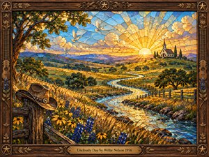A radiant stained glass landscape shows a winding stream leading through golden fields toward a small hilltop church beneath a brilliant sunrise. Bluebonnets, rustic fencing, oak trees, and a weathered cowboy hat create a peaceful country atmosphere. Rich amber, blue, and green glasswork glows within an ornate carved wooden frame.