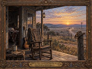 A weathered Texas porch opens onto a vast dawn landscape, where an empty rocking chair, leaning guitar, coffee cup, cowboy hat, and distant road suggest solitude and loss. Warm gold, dusty blue, and brown oil-painted tones glow beneath a soft sunrise, framed by ornate carved wood and brass country details.