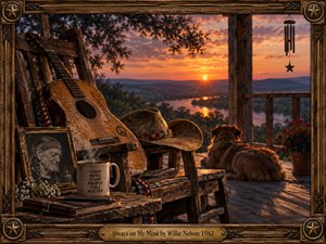 A nostalgic country porch overlooks a winding river at sunset, glowing with amber and rose light. A weathered guitar, cowboy hat, framed portrait, steaming mug, and resting dog evoke love, memory, and regret. Rich cinematic detail, rustic textures, and an ornate wooden frame create a warm, reflective atmosphere.