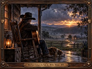 An elderly cowboy sits on a rain-soaked porch with his guitar and faithful dog, overlooking a misty countryside at sunset. Golden lantern light contrasts with blue-gray storm clouds and shimmering puddles. This nostalgic oil painting features rustic textures, distant farmhouse lights, and an ornate Western frame with engraved brass details.