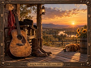 A rustic country porch overlooks a winding river and sunlit valley beneath glowing golden clouds. A weathered acoustic guitar, cowboy hat, boots, sunflowers, and resting dog evoke warmth, nostalgia, and peaceful companionship. Rich amber lighting enhances the detailed painterly realism, enclosed by an ornate wooden frame with brass accents.