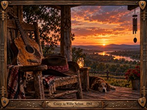 A weathered acoustic guitar and cowboy hat rest on a rustic porch overlooking a winding river at sunset. Golden light illuminates rolling hills beneath dramatic orange clouds. A sleeping dog, glowing lantern, and hanging wind chimes create nostalgic tranquility. An ornate wooden musical frame completes the richly detailed cinematic scene.