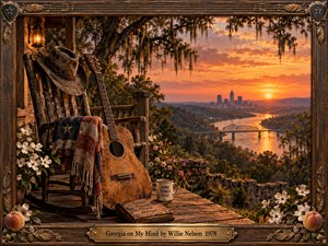 A weathered rocking chair, cowboy hat, and acoustic guitar overlook a winding Southern river at sunset. Moss-draped trees and flowering dogwoods frame a distant skyline beneath glowing orange skies. Warm lantern light enhances the nostalgic, peaceful atmosphere. Richly detailed cinematic artwork features an ornate carved wooden frame and engraved brass title plate.