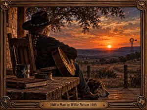 A weathered country musician sits with his guitar and faithful dog on a rustic porch, gazing across a lonely Texas valley at sunset. Rich amber light, dramatic orange clouds, and distant hills create a nostalgic, melancholy atmosphere. Detailed cinematic realism is enclosed within an ornate western wooden frame with brass accents.