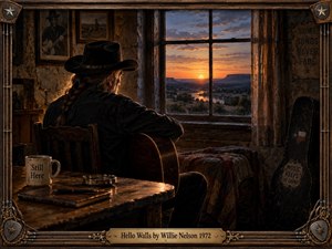 A solitary cowboy sits with his guitar inside a weathered country room, gazing toward a golden sunset beyond the window. Warm amber light contrasts with deep brown shadows, creating a nostalgic, melancholy atmosphere. Rustic furnishings, musical memorabilia, and an ornate western frame enrich this detailed, cinematic digital painting.