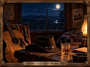A rustic cabin glows with warm amber lamplight, revealing a weathered guitar, cowboy hat, whiskey glass, and quilted bed. Beyond the window, moonlight illuminates a winding river and distant hills. Rich wooden textures, deep blue shadows, and an ornate western frame create a cinematic atmosphere of solitude and longing.