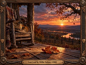 A weathered wooden porch overlooks a winding river and autumn hills beneath a glowing orange sunset. A rustic rocking chair, acoustic guitar, cowboy hat, and fallen leaves evoke nostalgia and quiet resilience. Rich painterly textures, warm golden light, and a carved wooden frame with bronze musical accents complete the scene.