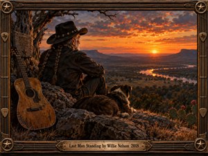 An elderly cowboy with silver braids rests beside his weathered guitar and faithful dog, overlooking a winding river beneath a fiery orange sunset. Rugged mesas, twisted branches, and desert flowers enrich the nostalgic oil painting. Warm golden light illuminates the landscape, enclosed by an ornate western frame with engraved brass details.