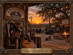 A weathered acoustic guitar and cowboy hat rest on a rustic porch overlooking a Texas gathering at sunset. Golden light illuminates an old pickup, distant windmill, glowing fire, and friendly silhouettes. Rich amber tones and cinematic realism evoke nostalgia, simplicity, and companionship, enclosed by an ornate Western frame.
