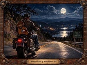 A lone cowboy rides a motorcycle down a winding mountain highway beneath a brilliant full moon, carrying a weathered guitar. Distant town lights shimmer across a river, contrasting with deep blue shadows and glowing pavement. Rich cinematic painting, rugged textures, and an ornate Western frame evoke freedom, solitude, and determination.