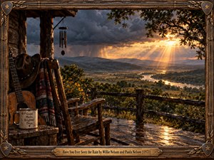 A weathered country porch overlooks a sweeping river valley beneath dramatic storm clouds and radiant golden sunlight. An acoustic guitar, cowboy hat, colorful blanket, and rustic rocking chair evoke nostalgia and quiet reflection. Rain-soaked wooden boards shimmer warmly, while an ornate carved frame and engraved brass title plate complete the cinematic composition.