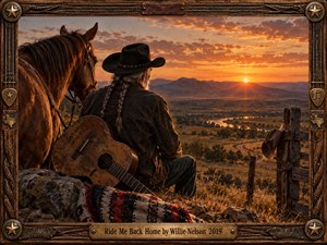 An aging cowboy with silver braids rests beside his horse, overlooking a winding river and distant mountains beneath a glowing orange sunset. A weathered guitar and rustic fence evoke homecoming and reflection. Rich golden light, cinematic realism, and an ornate Western frame create a nostalgic, peaceful atmosphere.
