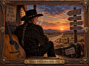 A weathered country musician with braided hair sits beside his guitar, gazing down a winding desert highway at sunset. Rich amber skies illuminate rugged plains, rustic signs, and a battered instrument case. Detailed painterly textures create a nostalgic, reflective atmosphere, enclosed within an ornate Western wood and brass frame.