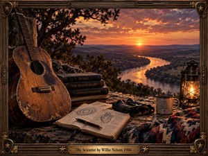 A weathered acoustic guitar rests beside books, an open journal, binoculars, and a glowing lantern overlooking a winding river at sunset. Golden orange skies illuminate distant hills, creating a reflective, nostalgic atmosphere. Rich cinematic detail and rustic textures complement the ornate bronze frame and engraved title plate.